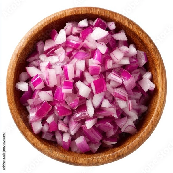 Fototapeta Vibrant chopped red onion in a wooden bowl, ideal for culinary creations. The diced onion fills the bowl, ready for use