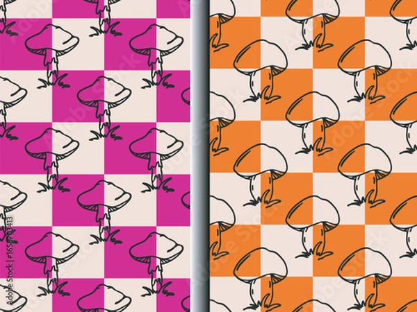 Fototapeta Checkerboard background repeat pattern set of 2. Hand drawn autumn mushroom symbol, black ink blob brush line doodle sketch style, Halloween holiday party concept. Cute vector illustration