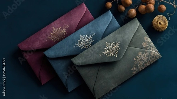 Fototapeta Elegant envelopes in rich colors and decorative patterns on a dark background.
