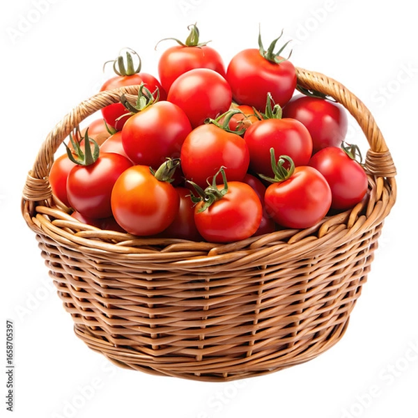 Fototapeta Abundant woven basket overflowing with fresh ripe red tomatoes isolated for culinary inspiration transparent background