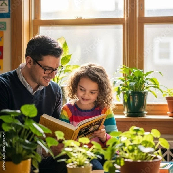 Fototapeta Parent and child reading together by window