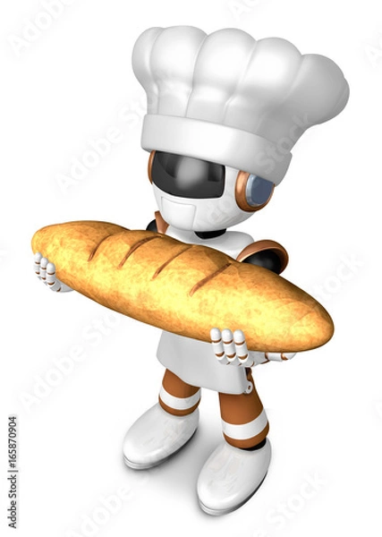 Fototapeta Brown chef robot character holding large baguettes matches. Create 3D Humanoid Robot Series.