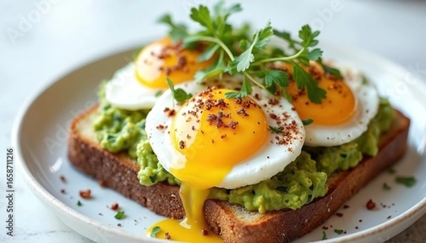 Fototapeta Avocado toast with fried eggs and parsley garnish. Creamy avocado mash on crunchy toast. Healthy breakfast or brunch option, delicious and simple food.