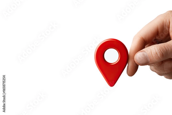 Obraz A hand holds a small, red, glossy map marker