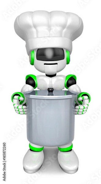 Fototapeta Green robot Character is holding a saucepan with both hands. Create 3D Humanoid Robot Series.