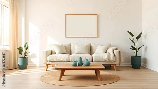 Fototapeta Bright Scandinavian Japandi Living Room with Minimalist Decor