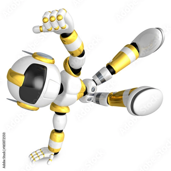 Fototapeta Vigorously dancing gold robot. 3D Robot Character
