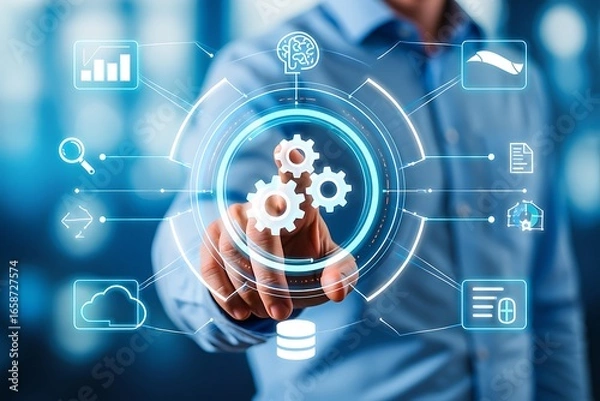 Fototapeta businessman pressing social network icon