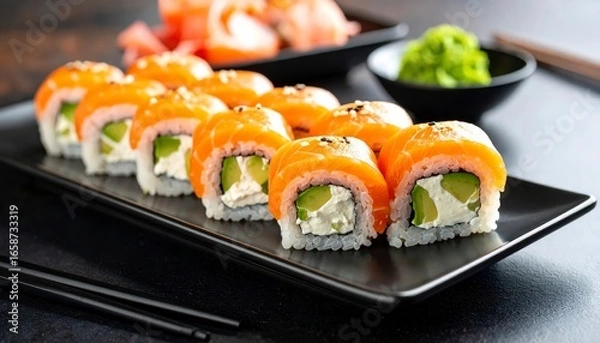 Fototapeta Salmon avocado sushi rolls