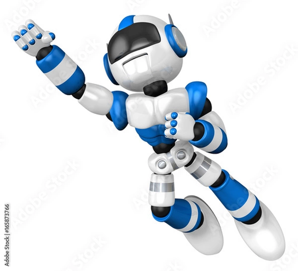 Fototapeta Blue robot flying towards the sky. 3D Robot Character Design