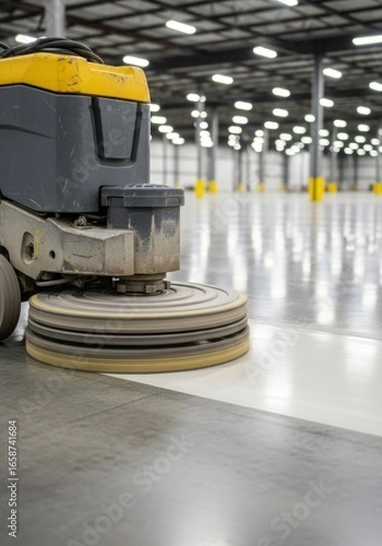Fototapeta Industrial floor polisher in action: machine buffing warehouse concrete surface for high shine finish