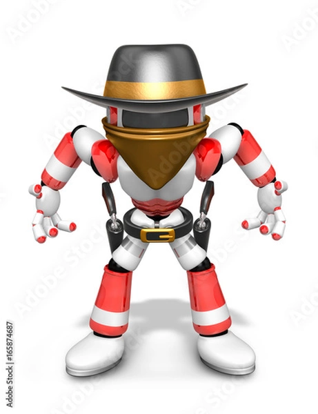 Fototapeta 3D Red Robot villain is taking pose a gunfight. Create 3D Humanoid Robot Series.