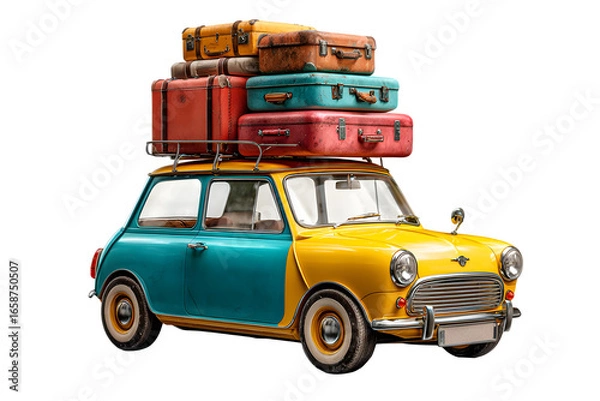 Fototapeta Vintage car loaded with luggage isolated on transparent background