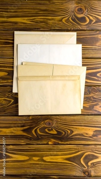 Fototapeta Stacked blank envelopes on wooden table