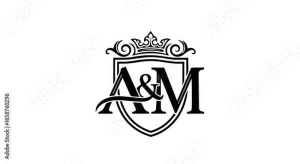 Fototapeta Elegant AM initial monogram logo with a royal crown and shield crest design.