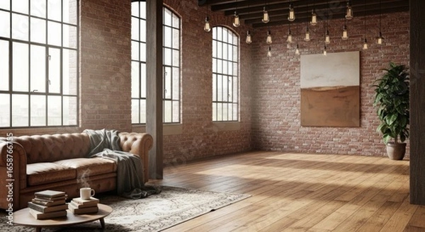 Fototapeta Spacious industrial style living room or studio with exposed brick walls, large factory windows, a comfortable leather sofa, and modern hanging light fixtures, offering a rustic yet chic ambiance.