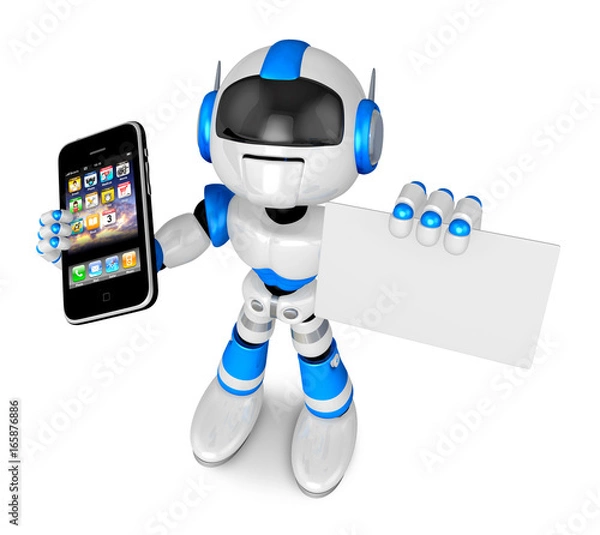 Fototapeta Blue robot character Smart Phone the left hand holding. business card with your right hand. Create 3D Humanoid Robot Series.