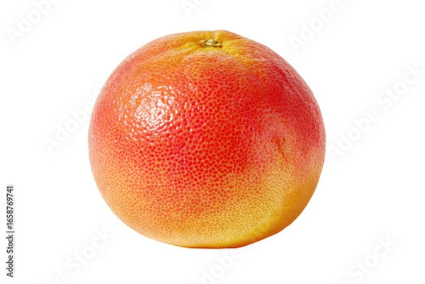 Fototapeta Close-up of a vibrant pink grapefruit.  A round fruit with a smooth, slightly bumpy, pinkish-red skin transitioning to a pale yellow at the bottom.  A small stem is visible