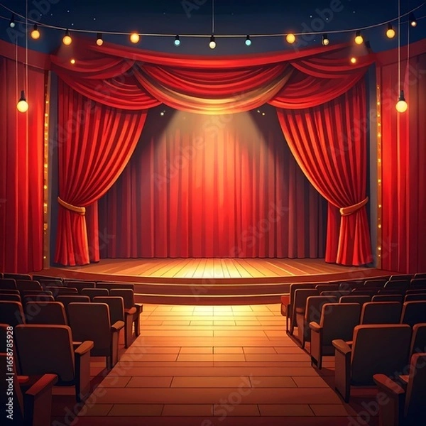 Fototapeta Theater stage with red curtains and audience seating