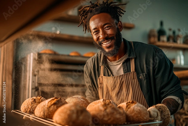 Obraz Happy baker taking a tray of freshly baked bread out of the oven in a bakery