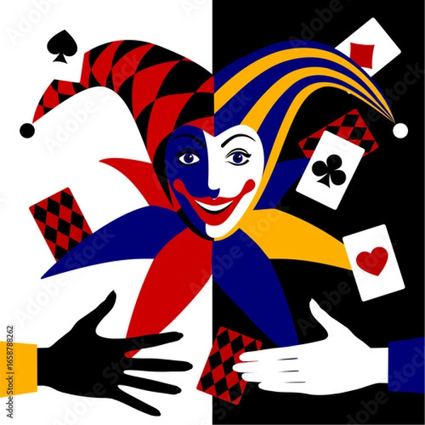 Fototapeta The Joker's smiling head in a silly hat and silhouettes of hands with playing cards. Vector illustration in a minimalistic flat style