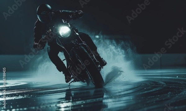 Fototapeta A truly fearless motorcycle rider performed exceptionally well in a thrilling, dynamic nighttime urban environment