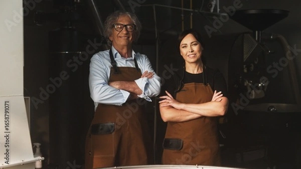 Fototapeta Smiling older Caucasian man with gray hair and glasses standing beside smiling woman in coffee factory. Both wearing aprons with arms crossed while posing proudly near roasting equipment.