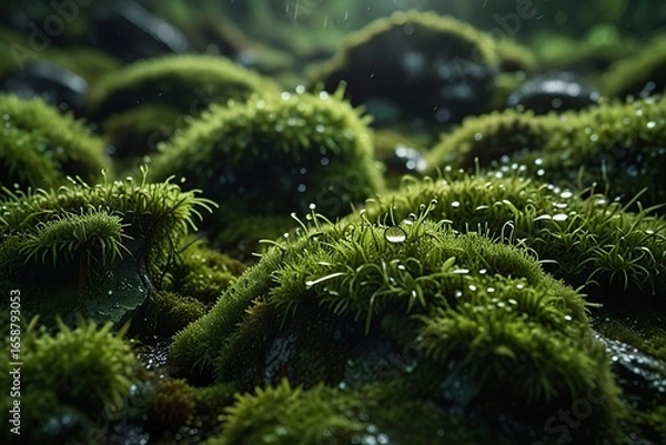 Fototapeta Green moss background at stone