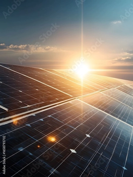 Fototapeta Solar panels glowing day sunlight effects shining on the background of solar panels Bright and shiny rays glow background with sunlight High resolution high q.