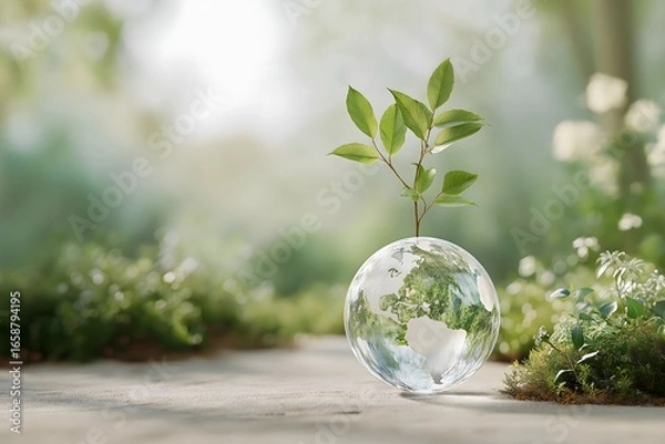 Fototapeta A shiny earth ornament that looks like it is made of crystal New shoots are growing next to it It is bathed in soft sunlight Conceptual image of ecology Copy .