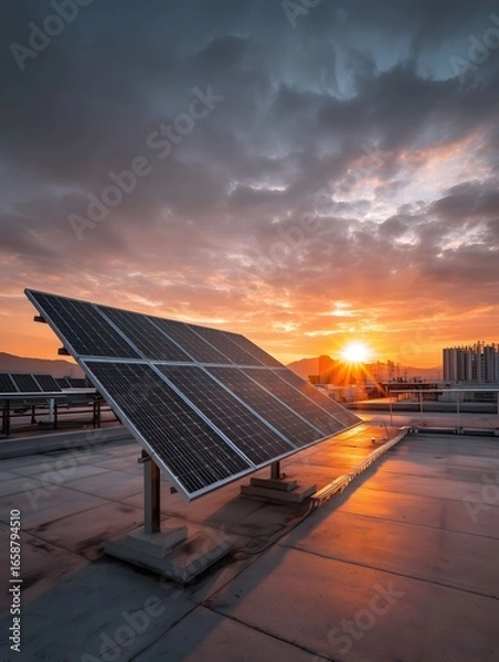 Fototapeta A wideangle shot of a hightech solar panel standing upright on a large industrial rooftop during golden hour Warm sunlight flares across the glossy panel surf.