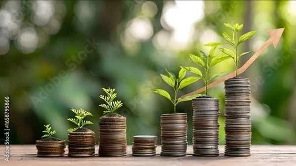 Fototapeta On the table there is an arrow pointing upwards and growing plants on stacks of coins The background features green nature with blurred edges It creates a fee.