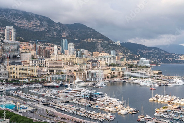 Fototapeta Monaco Harbor and City Skyline at Dusk