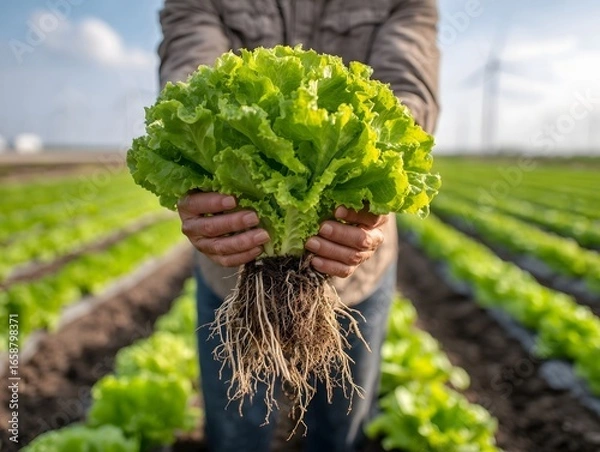 Fototapeta closeup of a person holding fresh green lettuce with roots standing in front of a wellorganized organic vegetable field rows of lettuce crops clear blue sky w.