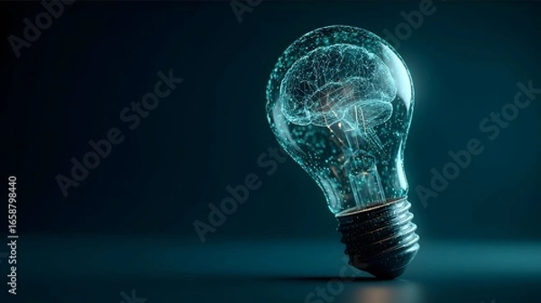 Obraz Out folines of code looking at the hologram of a light bulb with an AI brain inside dark blue and green highlights digital wireframe realistic fotorealistic.j.