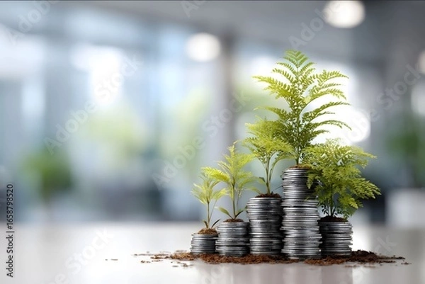 Obraz Create a background that demonstrates Financially Thriving at work The background needs to contain plants flourishing from a stack of coins symbolising develo.