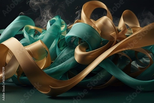 Fototapeta Gold and green ribbon abstract background 