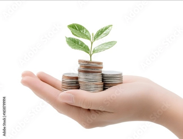 Obraz A hand holding coins with a growing plant isolated on a white background Closeup view of a womans hand palm with a stack of casual currency and a green sprout.