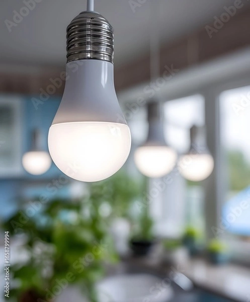 Fototapeta Macro focus on led light bulbs in a kitchen in a modern city house Daylight realistic photo.