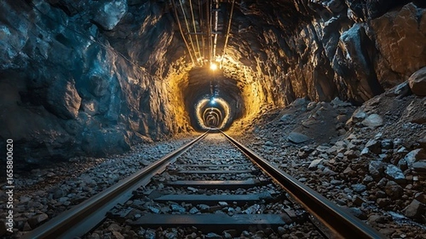 Fototapeta A deep exploration of an abandoned mine shaft with train tracks leading into the darkness inside rocks