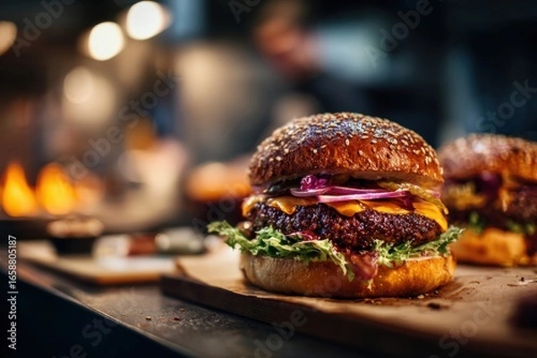 Fototapeta Hamburger in a restaurant,beautiful background
