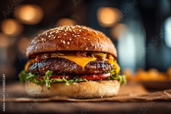 Fototapeta Hamburger in a restaurant,beautiful background