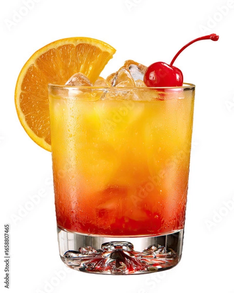 Fototapeta Layered orange and red cocktail in a rocks glass, garnished with orange slice and cherry