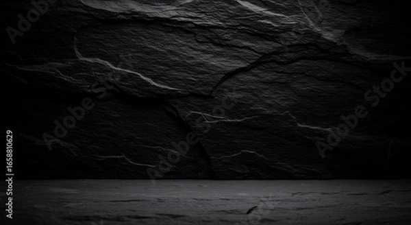 Obraz 暗闇に浮かび上がる、深みのある黒の石壁と床の質感