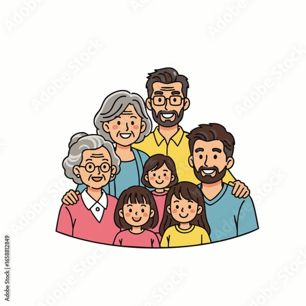 Fototapeta A cheerful, diverse multi-generational family portrait illustration with grandparents, parents, and children smiling together.