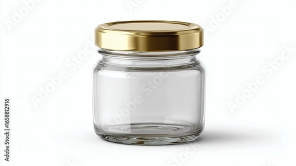 Obraz Small empty glass jar with gold metal lid isolated on white background