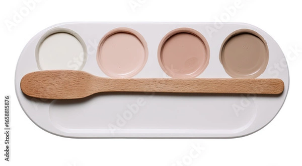 Fototapeta Oval palette with four color swatches and wooden applicator
