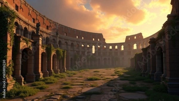 Obraz Ruined Roman colosseum with crumbling stone walls, overgrown with lush green