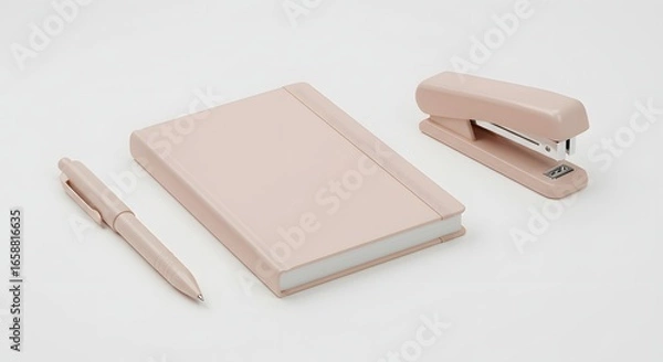 Fototapeta A Pale Pink Notebook Pen and Stapler on a White Background Demonstrating Office Supplies