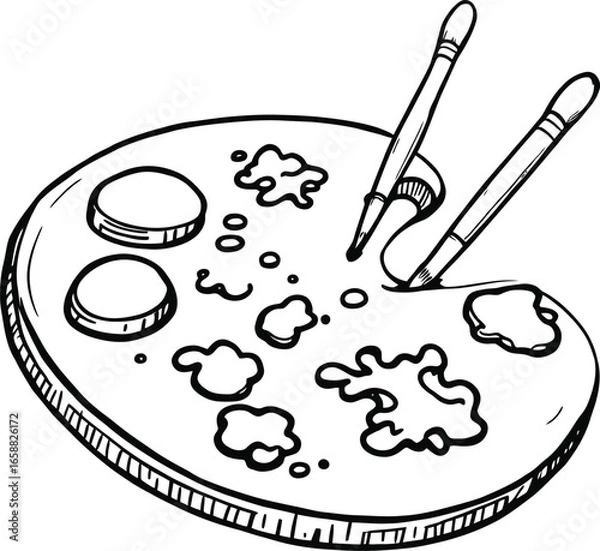 Fototapeta An illustration of a paint palette with paint splotches and two paintbrushes on a white background
